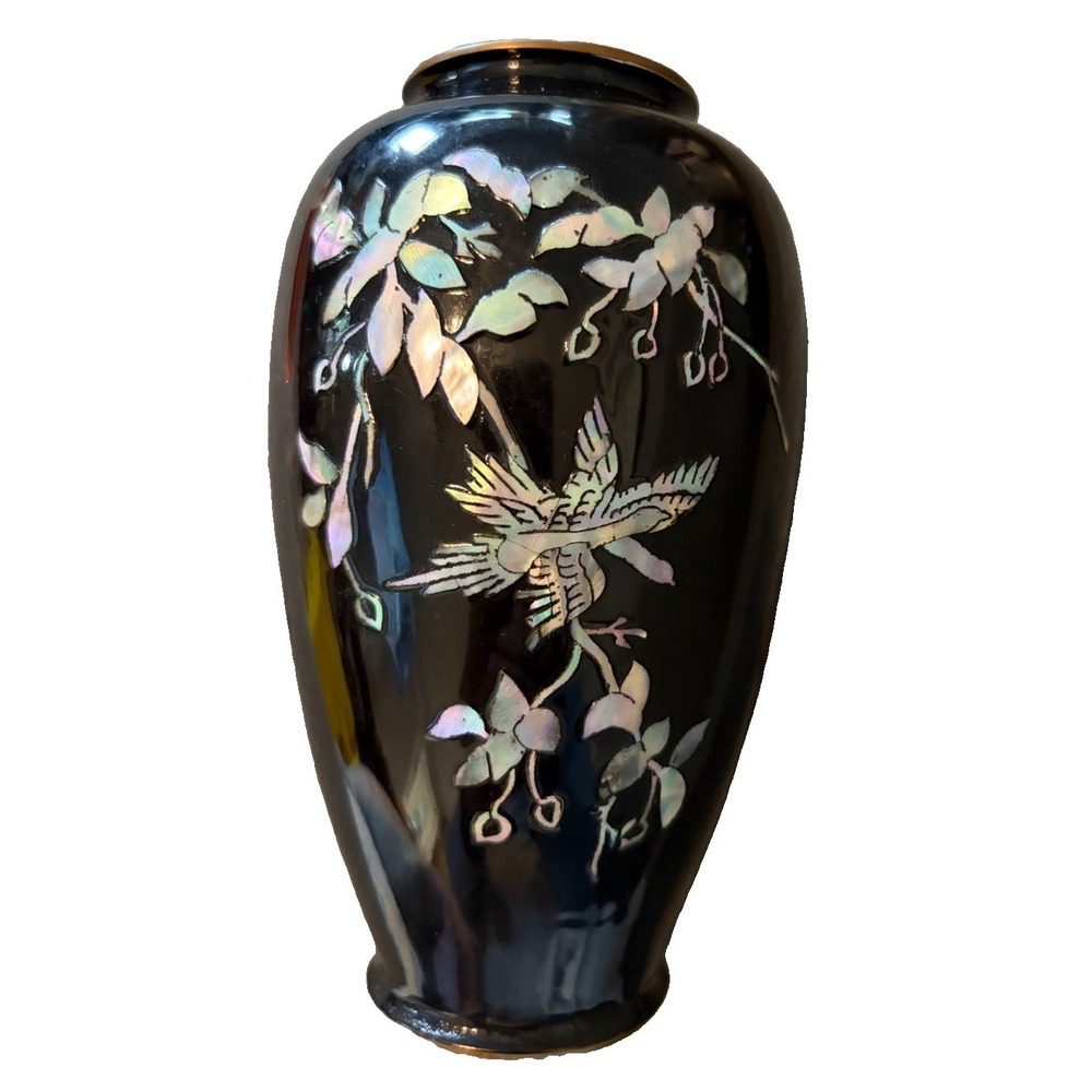 Vintage Asian Black Enamel Brass Vase Mother of Pearl Bird Floral 6 Inch
